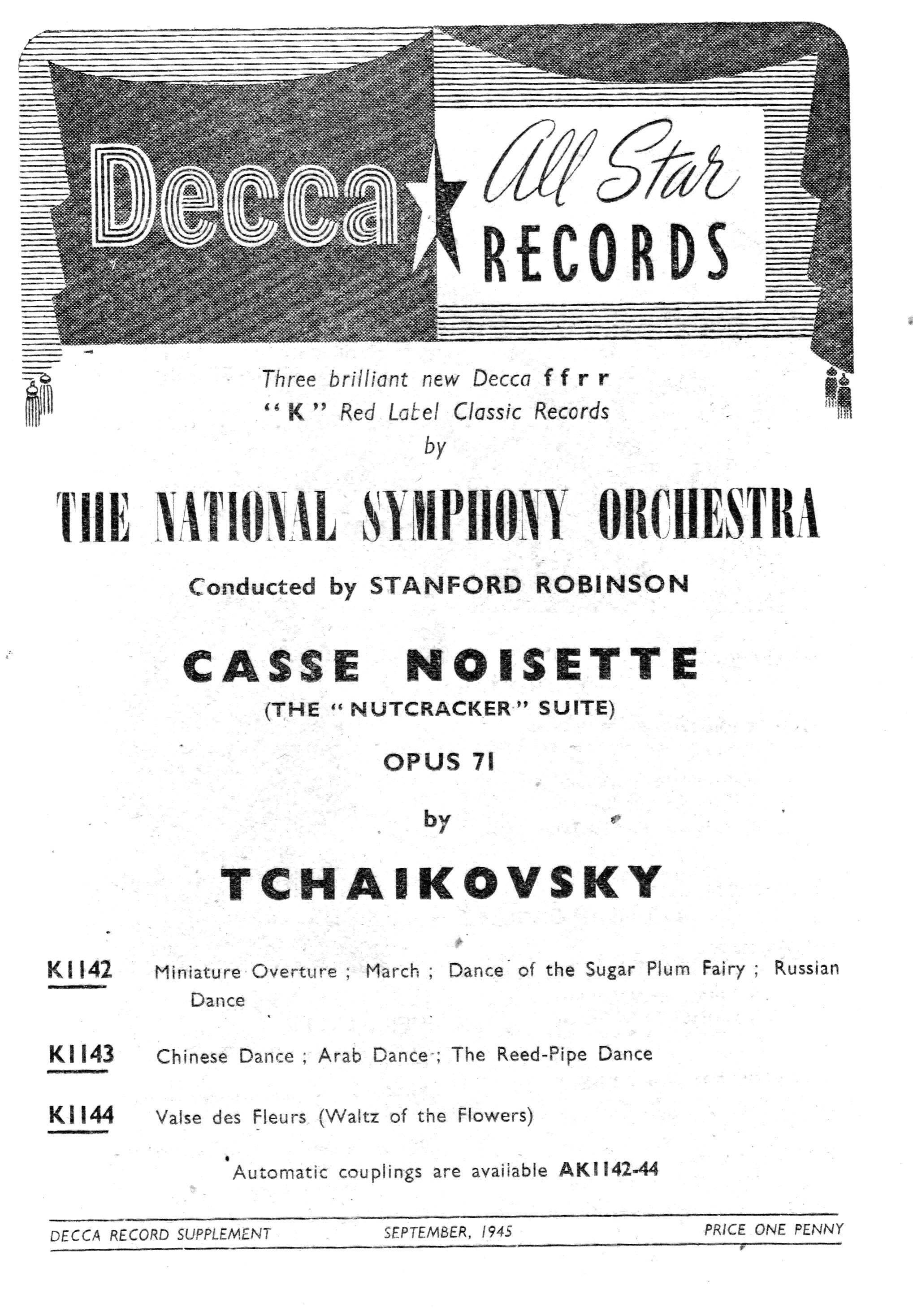 Decaa Sptember 1945 supplement announcing the release of Tchaikovsky's Nutcracker Siute played by the National Symphony Orcestra condutor Stamford Robinson